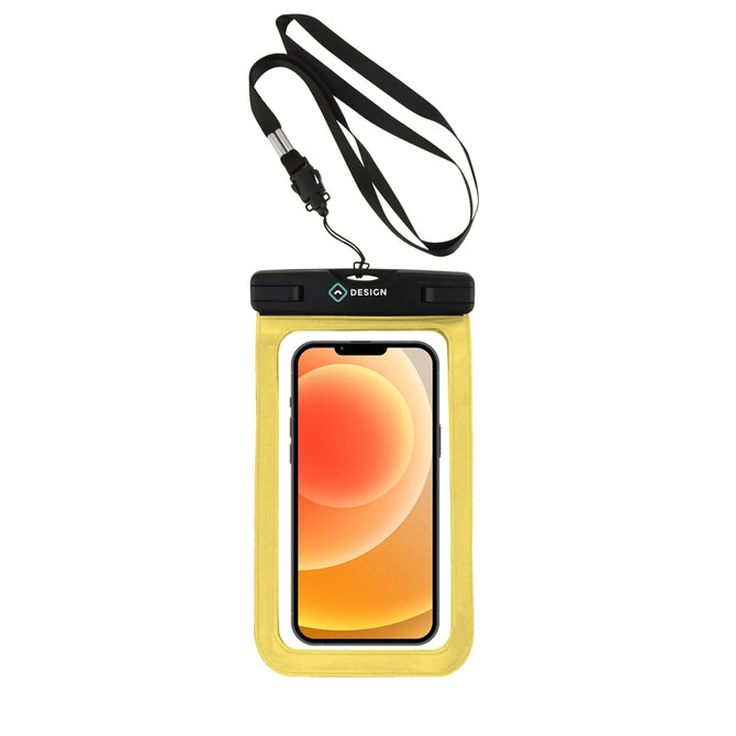 A waterproof phone bag in yellow with a black strap and a smartphone visible inside. It has a logo on the front.