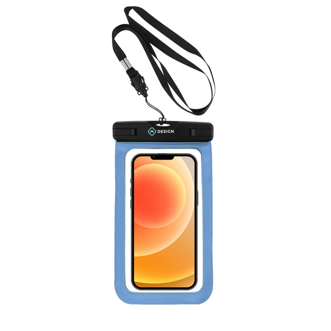 A waterproof phone bag in blue with a black top, featuring a strap for easy carrying and a transparent front.