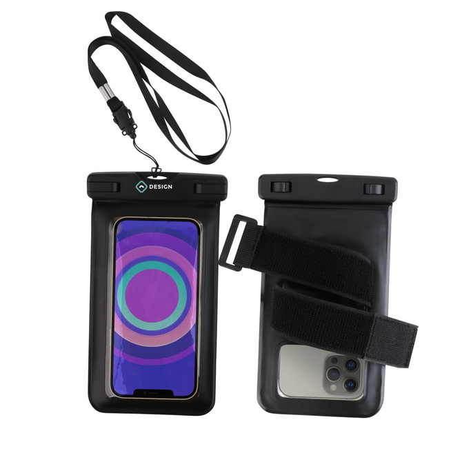 A waterproof phone bag in black with a clear front, featuring an adjustable strap and an arm band.
