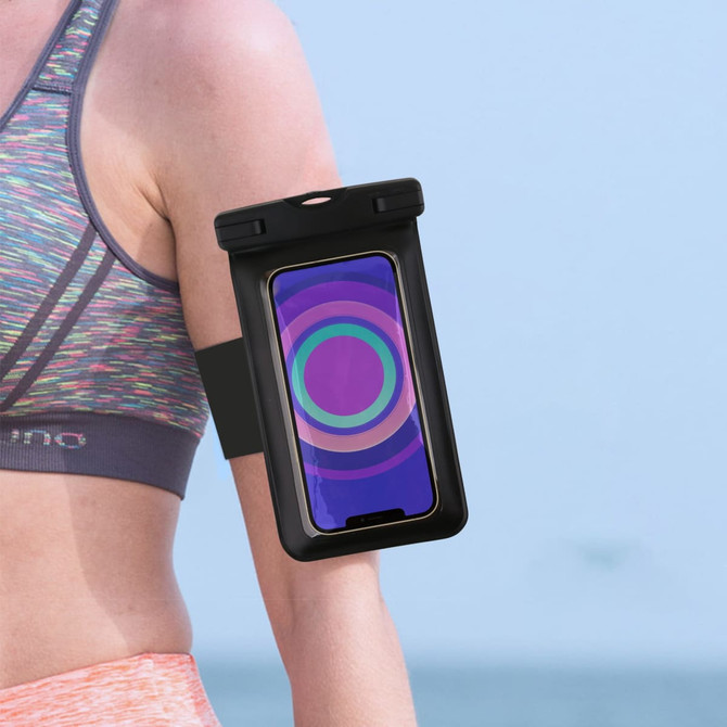 A waterproof black phone bag attached to an armband on a person's arm, displaying a colourful smartphone interface.