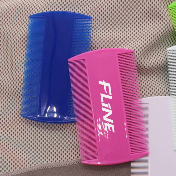 A pink and blue pet flea comb with a branded logo, featuring fine and wide teeth for grooming.