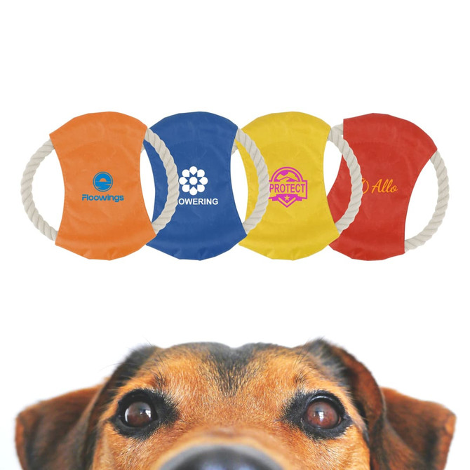 A collection of four Rope Frisbee dog toys in orange, blue, yellow, and red, featuring different logos.