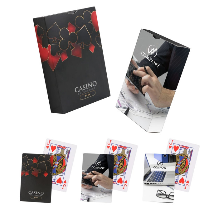A set of custom playing cards in a black box featuring red and black designs, including a logo and playing card images.