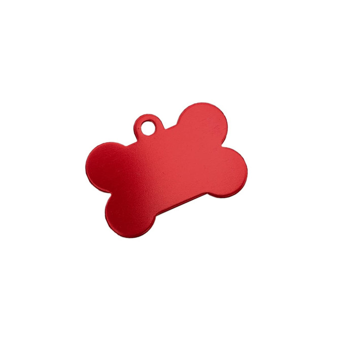 A red bone-shaped pet ID tag with a hole for attachment. Features a smooth, shiny surface.