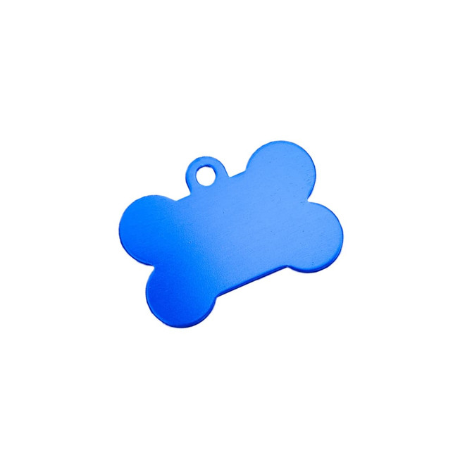 A blue bone-shaped pet ID tag with a hole for attachment and a smooth surface. It has a minimalistic design.