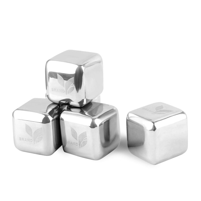 A set of four stainless steel ice cubes, featuring a shiny metallic finish and a branding logo.