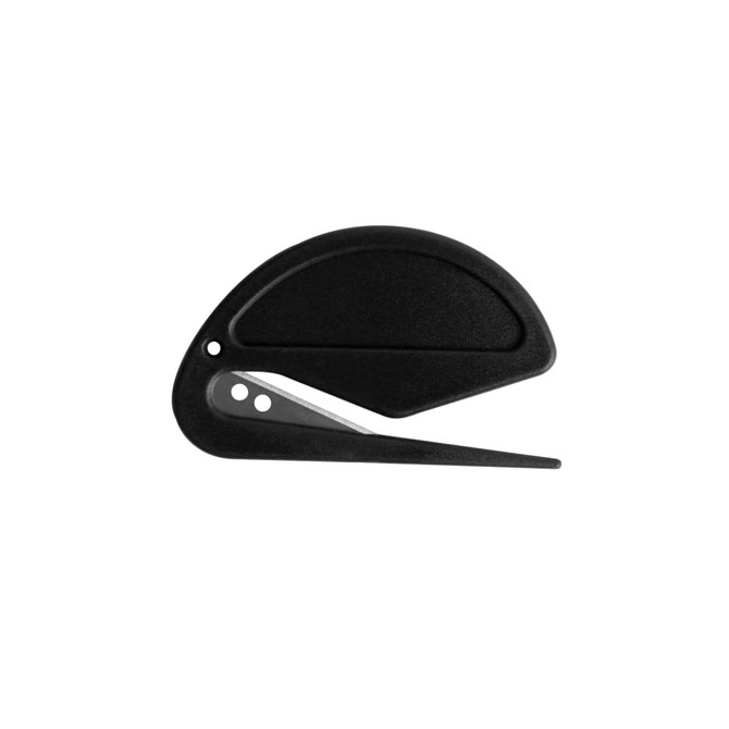 A black coloured letter opener with a curved design and a pointed blade, featuring a branding logo.