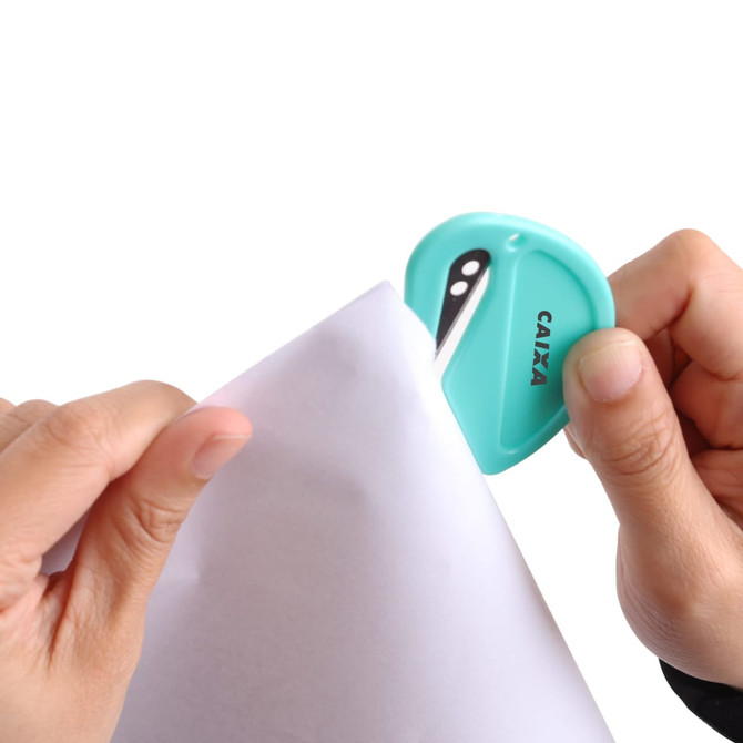 A coloured letter opener in aqua being used to open a white envelope. The opener features a logo.