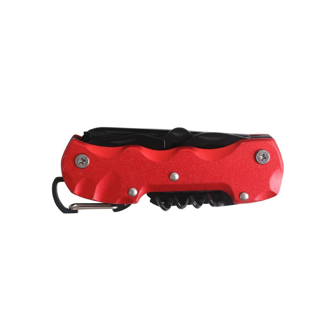 A red multifunction pocket knife featuring multiple tools and a carabiner clip for easy attachment.