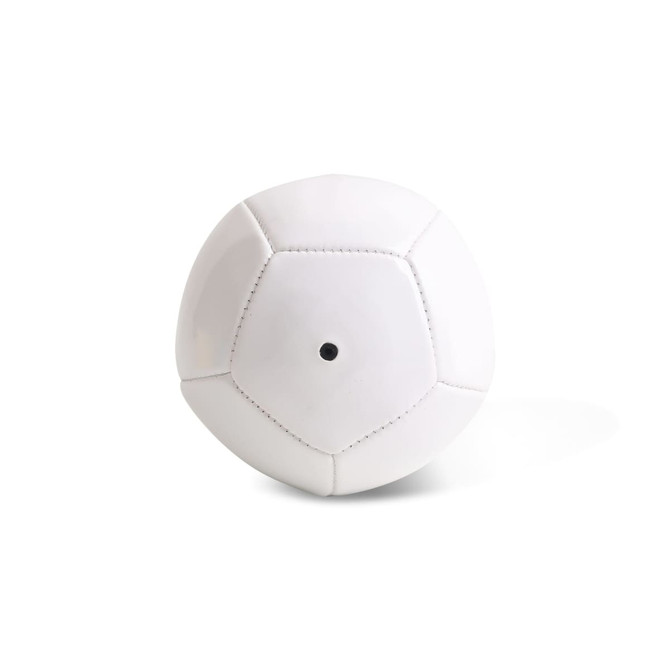 A mini soccer ball in white with pentagon panels and a small valve hole, featuring a logo.