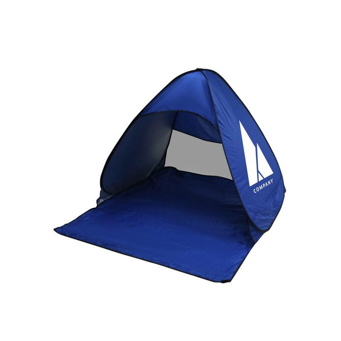 A blue pop-up beach tent featuring a logo, with an open front and a spacious interior.