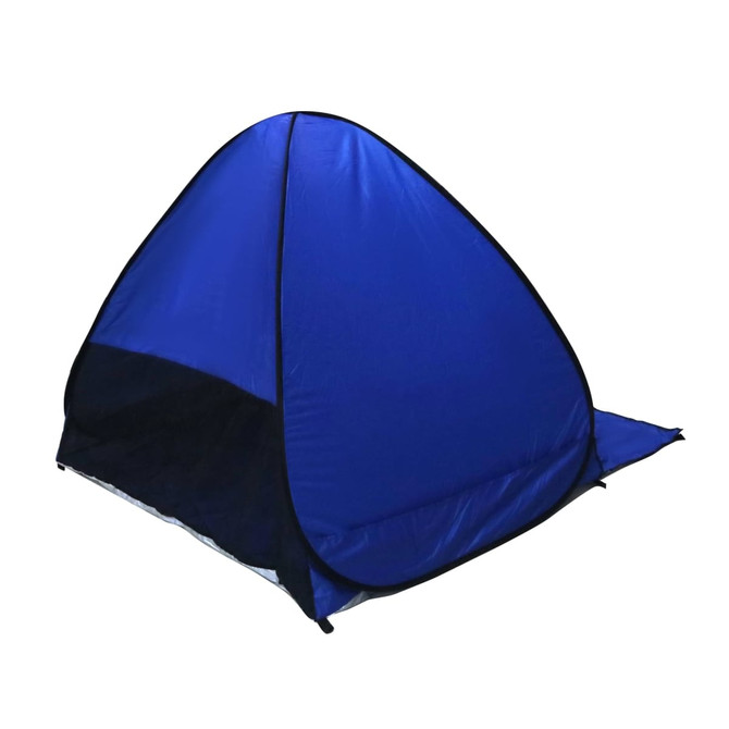 A pop-up beach tent in blue with black trim, featuring a protective mesh entrance.