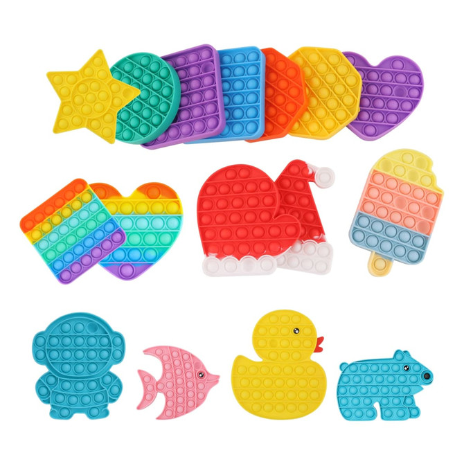 A collection of colourful Pop It fidget toys in various shapes, including stars, hearts, and animals, featuring bright hues.