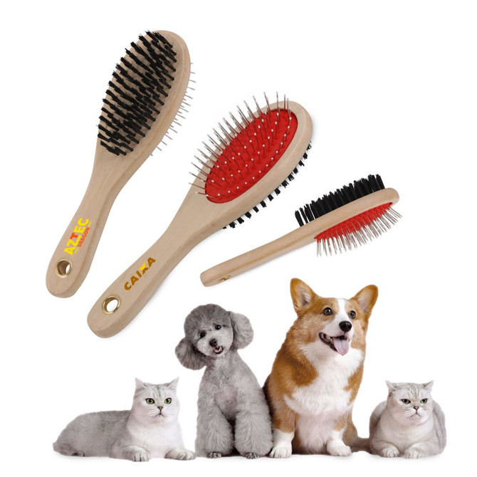A set of pet brushes in wooden and red designs, displayed with three cats and two dogs. One brush has bristles, and another has pins.