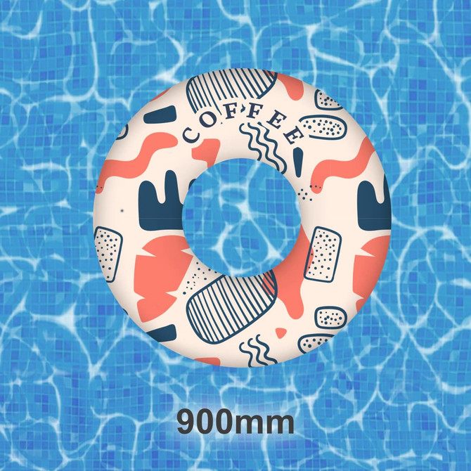 An inflatable swim ring, 90cm in diameter, featuring a coffee-themed design in cream, coral, and navy blue.