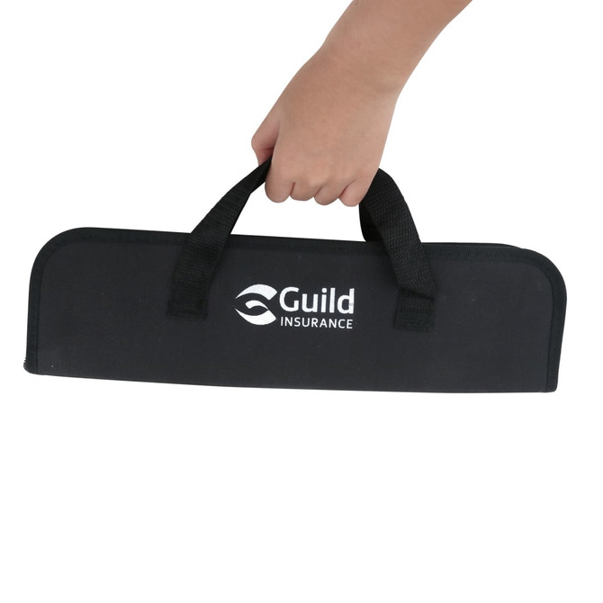 A black barbecue tools pouch with handles, featuring a logo.