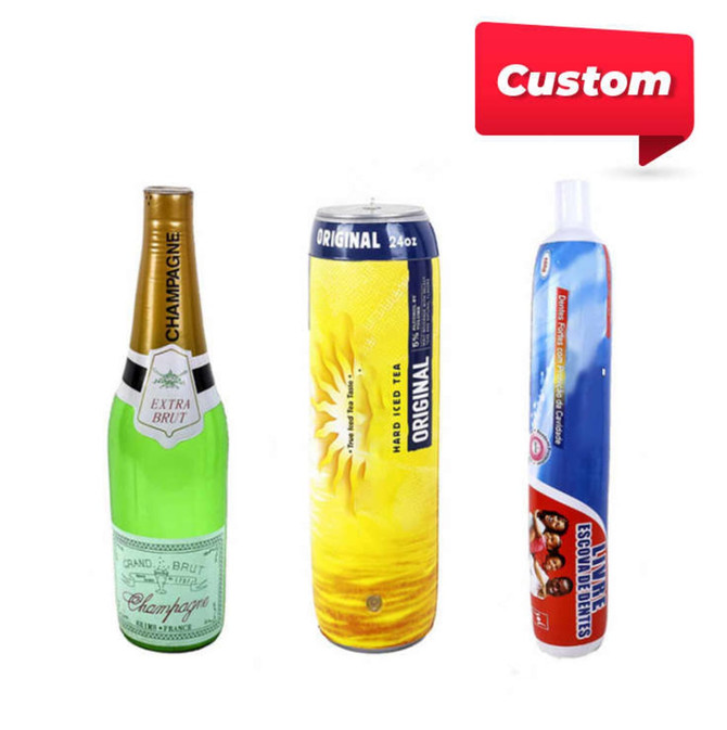A drink bottle trio featuring a green champagne bottle, a yellow tea can, and a white inflatable bottle, each with branding.