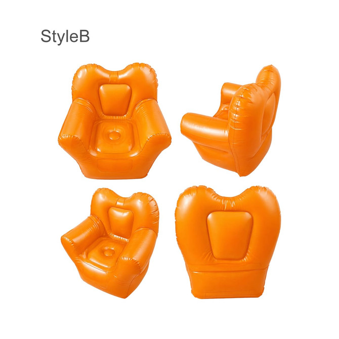 An orange inflatable chair with a rounded design, featuring armrests and a cushioned seat. It has a logo.