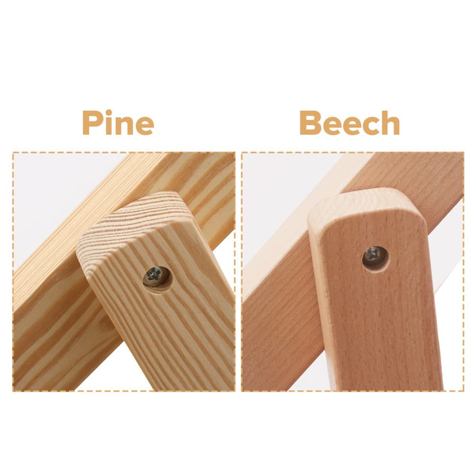 Close-up of wooden beach chair details featuring pine and beech wood finishes with visible screws and smooth edges.