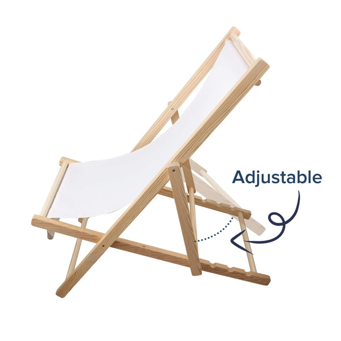 An adjustable wooden beach chair with a white fabric seat and a natural wood frame. It features a simple design.