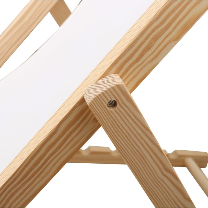 A close-up of a wooden beach chair, featuring a light timber frame and a white fabric seat.