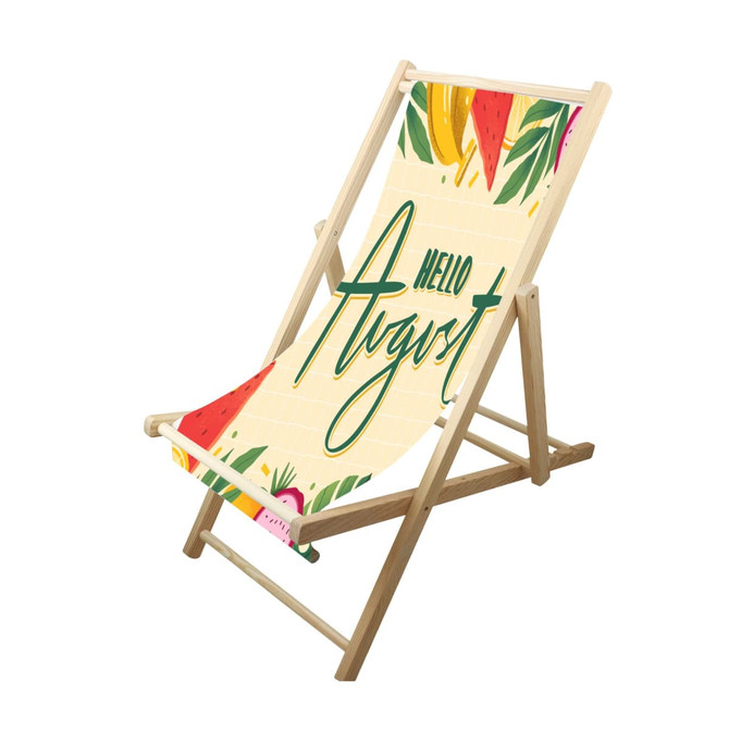 A wooden beach chair featuring a colourful, tropical design with the word "August" prominently displayed.