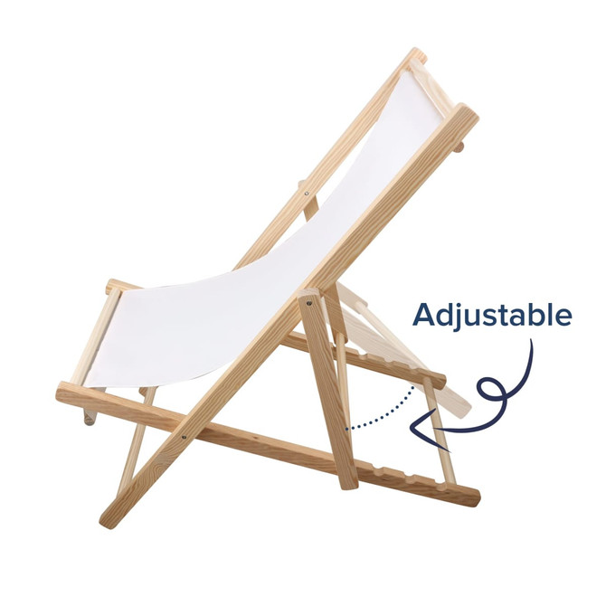 A wooden beach chair with a white fabric seat, featuring an adjustable backrest and a natural wood frame.