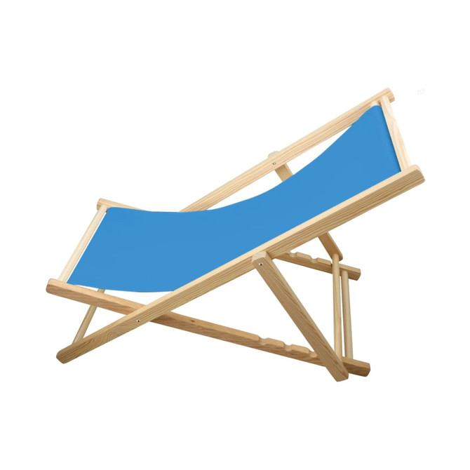 A blue wooden beach chair with a natural wood frame, featuring a simple, foldable design.
