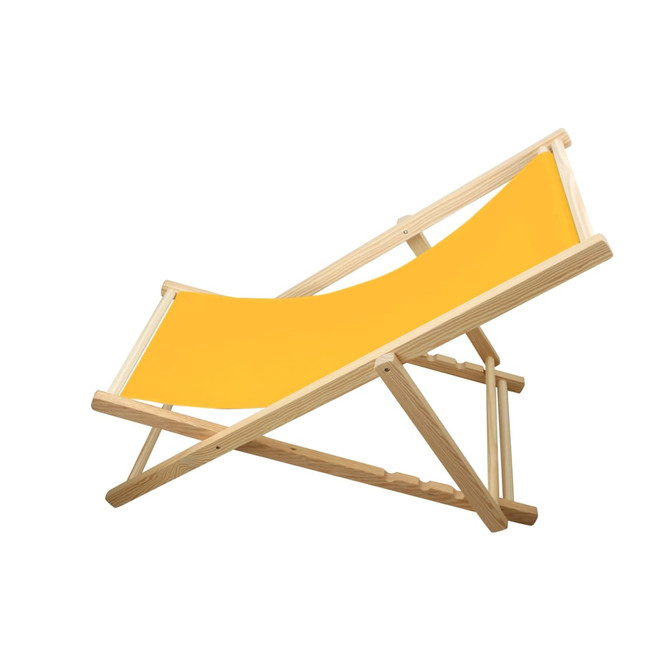 A yellow beach chair with a beech frame, featuring a simple, foldable design.