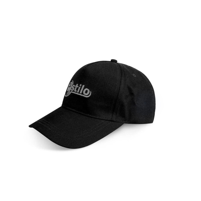 A black cap with a curved brim and a logo on the front, featuring a classic design.