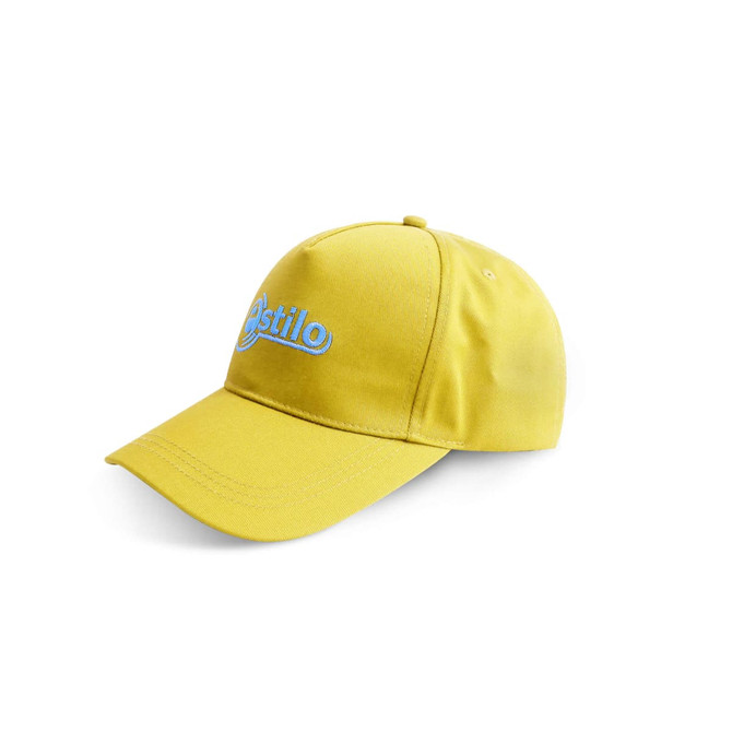 A yellow cap with a curved brim and a logo on the front. The design features a structured crown.