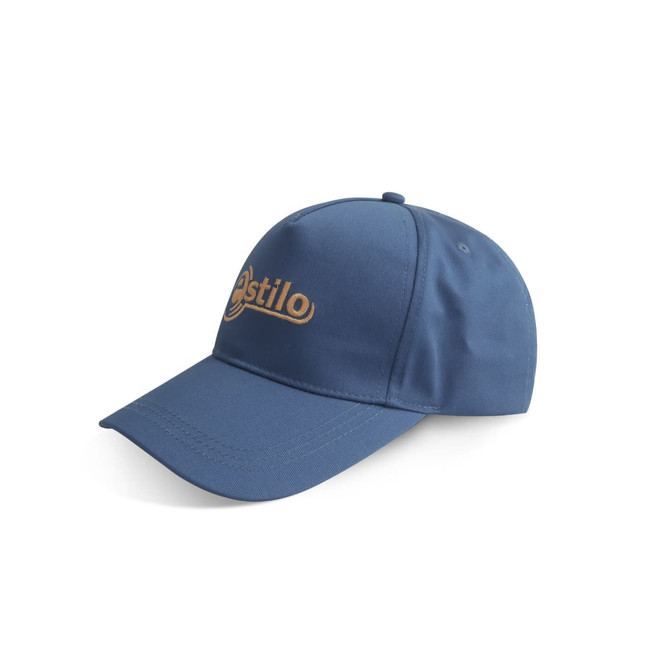 A blue cap with a curved brim and a logo on the front, made from RPET fabric.