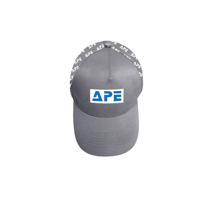 A grey cap with a front logo and patterned trim featuring alternating text.
