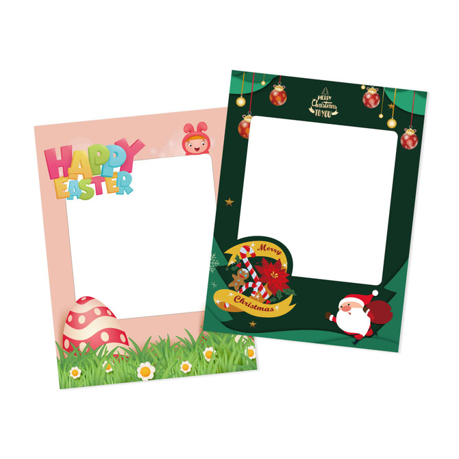 A custom shape frame set featuring pink and green designs, decorated with Easter and Christmas themes, and logos.