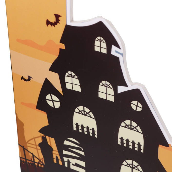 A custom-shaped frame featuring a silhouette of a spooky house with bats against an orange background.