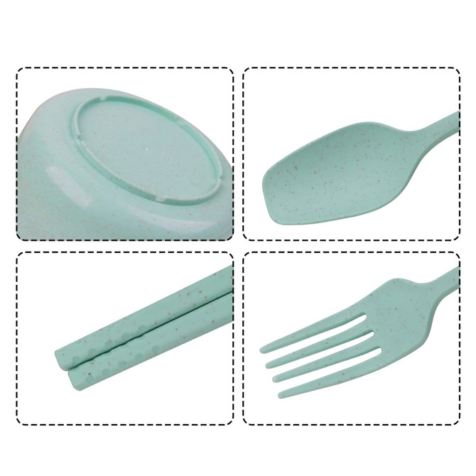 A wheat straw tableware set in light green, including a bowl, spoon, fork, and chopsticks. Features a logo.