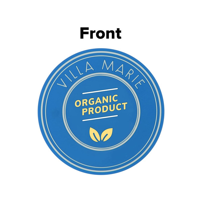 A round blue custom PVC coaster featuring a logo and the words "Organic Product" in the centre.
