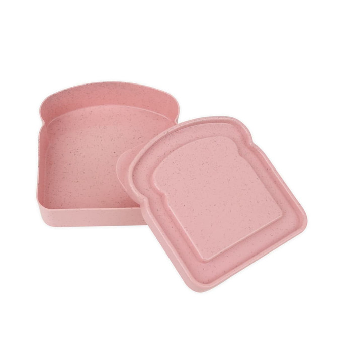 A pink portable bamboo fibre lunch box with a sandwich-shaped design, featuring a lid that fits snugly on top.
