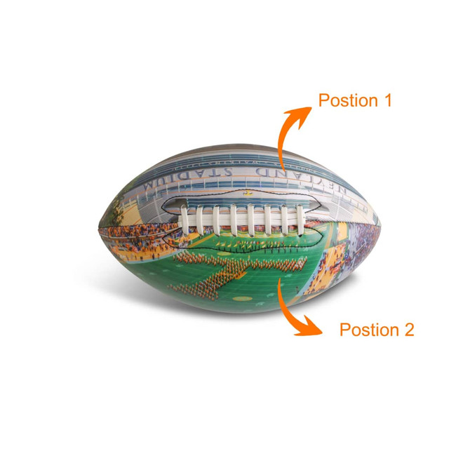 A promotional American football featuring multi-coloured graphics and a white lacing. It has a logo on the surface.