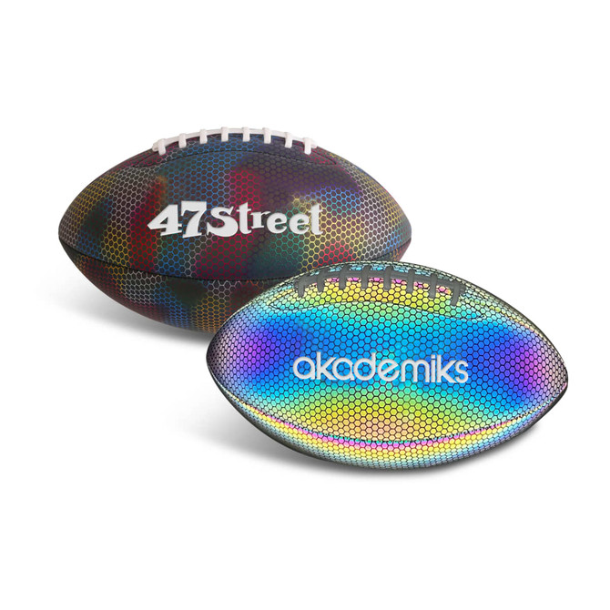 A holographic glowing American football featuring a colourful design and branding on both sides.