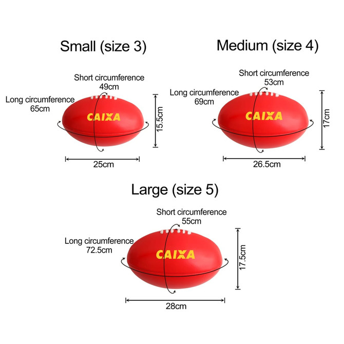 Promotional Aussie Rules balls in red, available in small, medium, and large sizes with various measurements listed.
