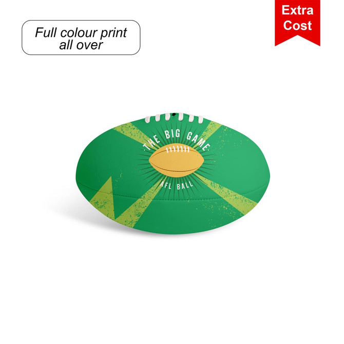 A green Aussie rules promotional ball featuring full colour print and a logo on the surface.