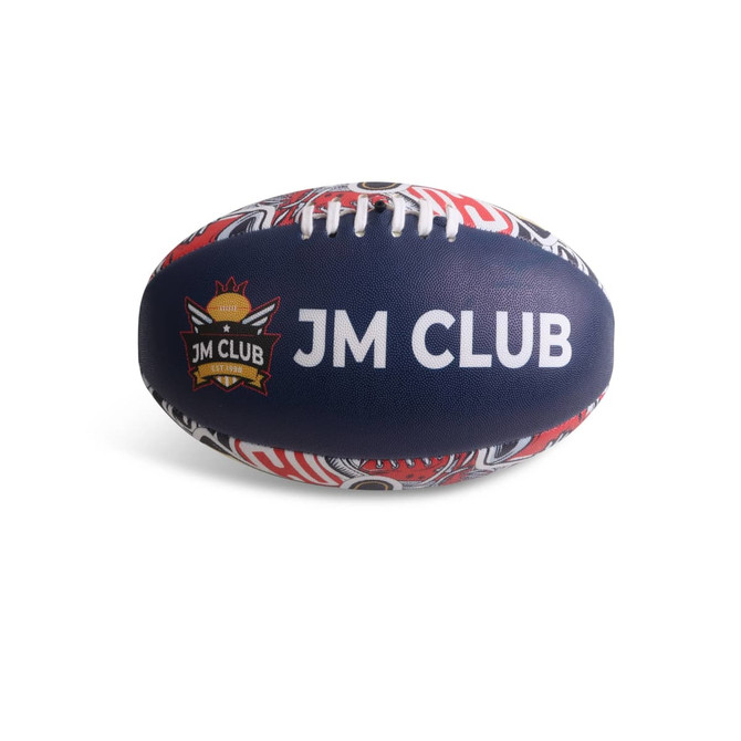 A navy and red AFL ball featuring decorative patterns and a logo. Suitable for leisure and outdoor sports.