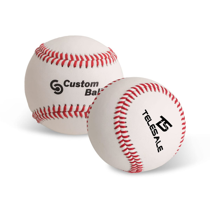 A pair of white training baseballs with red stitching, featuring different logos on each ball.