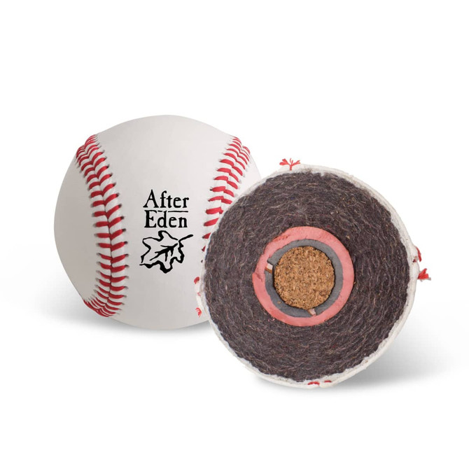 A white training baseball featuring red stitching and a logo, alongside a cutaway view revealing its inner construction.