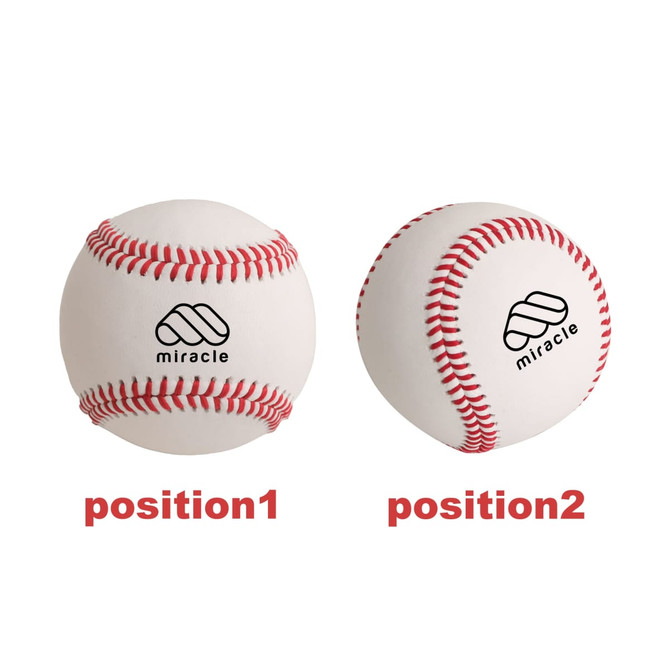 A training baseball pair with white bodies and red stitching, featuring a logo on each ball.