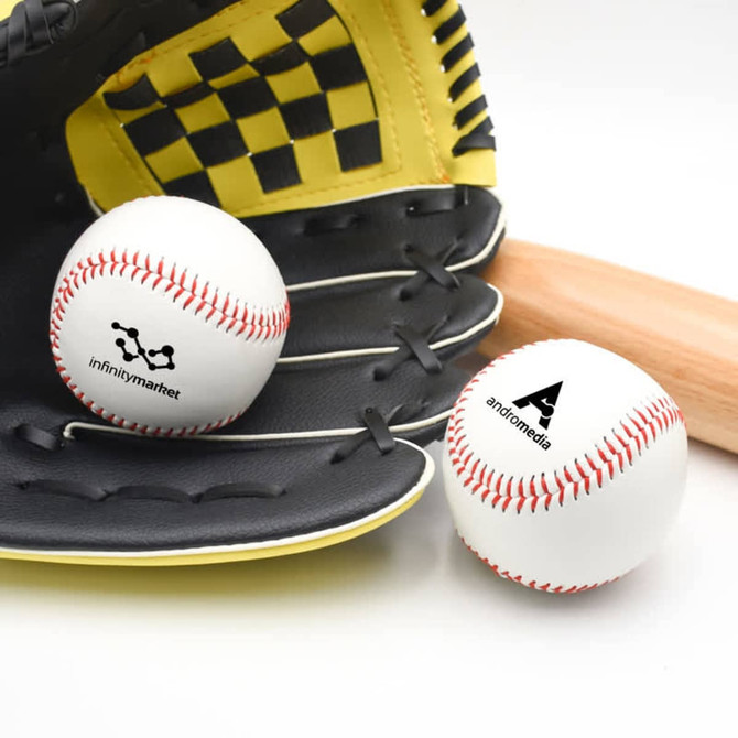 Two white training baseballs with red stitching, positioned next to a black glove and wooden bat. Each ball has a logo.