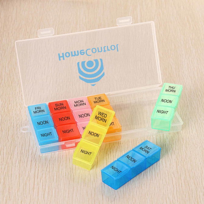 A transparent pill organiser featuring coloured compartments for each day of the week, with a logo on the lid.
