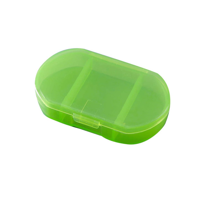 A green, oval pill box with three separate compartments and a secure lid. It has a simple, transparent design.