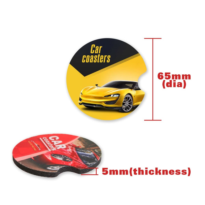 A round, full-colour car coaster in yellow featuring a car graphic, measuring 65mm in diameter and 5mm thick.